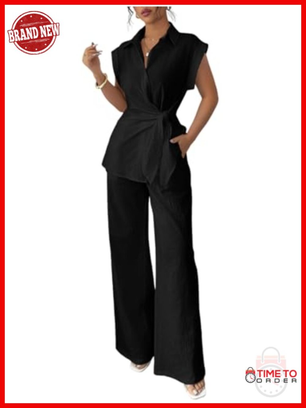Cap Sleeve Tie Waist Button Down Shirt Wide Leg Pants Two Piece Set